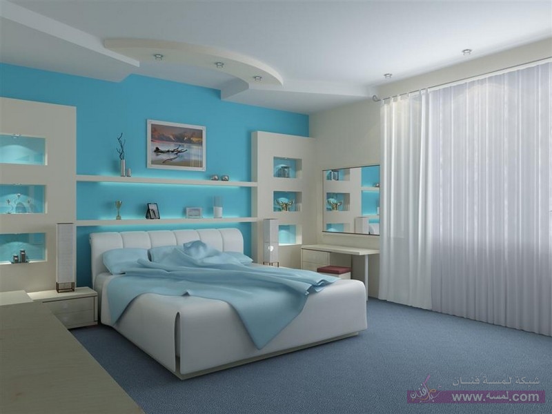 ديكورات جبس 2016 Mixing-Paint-Colors-Bright-Blue-For-Modern-Bedroom-Decor-With-Types-Of-Gypsum-Board-False-Ceiling-800x600